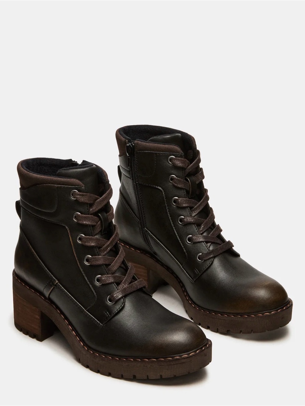 TUFF DARK BROWN Lace-Up Block Heel Boots